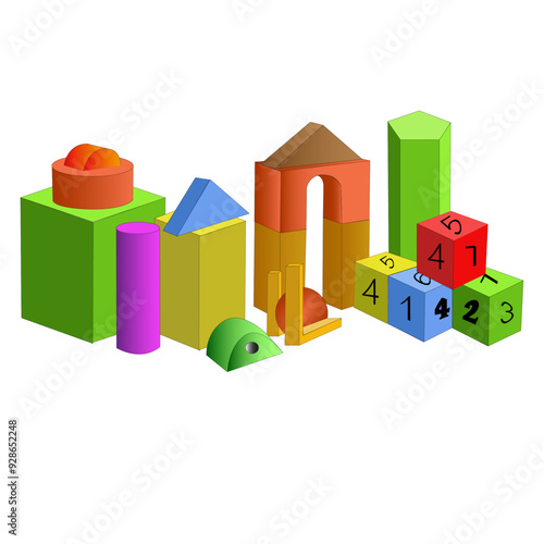 Jeu de construction de différents modules en bois sur fond blanc	