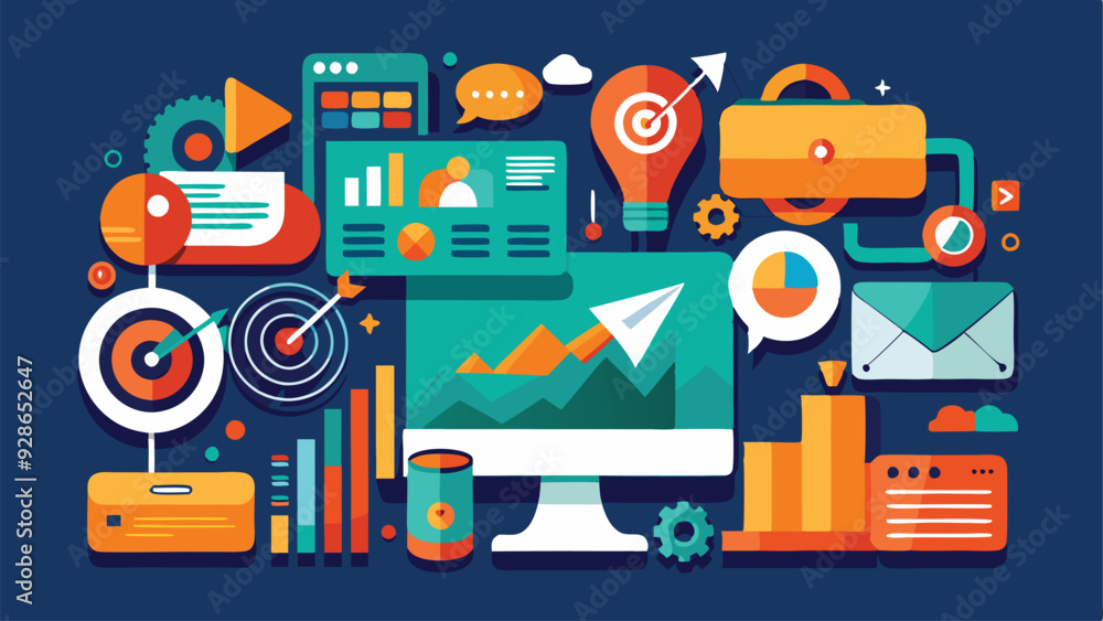 A set of modern flat design business icons featuring various concepts like teamwork, innovation, digital marketing, financial growth, and communication. Each icon should be minimalist, with clean line A set of modern flat design business icons featuring various concepts like teamwork, innovation, digital marketing, financial growth, and communication. Each icon should be minimalist, with clean line