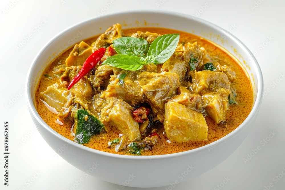Young Jackfruit Curry, A coconut milk-based curry made with young jackfruit, Isolated on White Background Young Jackfruit Curry, A coconut milk-based curry made with young jackfruit, Isolated on White Background