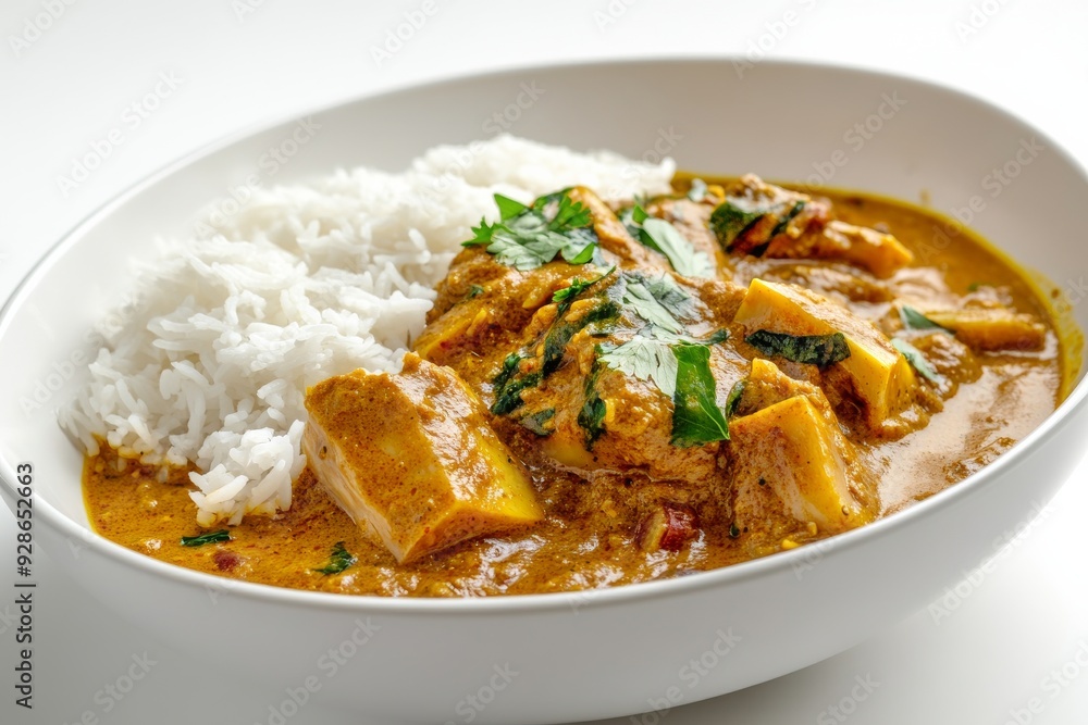 Young Jackfruit Curry, A coconut milk-based curry made with young jackfruit, Isolated on White Background Young Jackfruit Curry, A coconut milk-based curry made with young jackfruit, Isolated on White Background