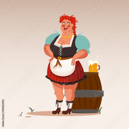 Vector illustration. Jovial red-haired woman in traditional Bavarian dress stands confidently beside beer barrel. Cartoon art style. Concept of food and drink, traditions, Oktoberfest, celebration.