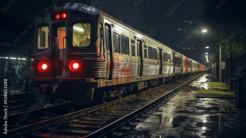 Fototapeta premium Commuter train at metro railway station at night. Neural network ai generated art