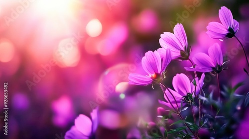 A vibrant scene featuring blooming purple flowers against a softly blurred background of light, evoking beauty and tranquility.