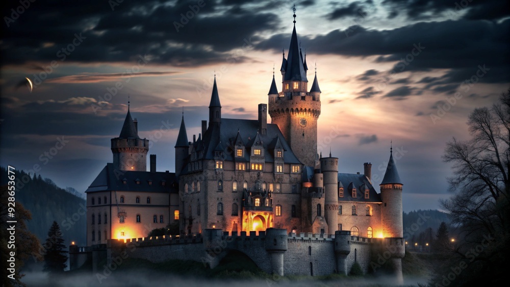 A grand stone castle with tall towers and lit windows stands against a cloudy twilight sky. A grand stone castle with tall towers and lit windows stands against a cloudy twilight sky.