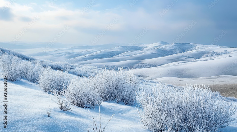 A serene winter landscape featuring snow-covered hills and frosty vegetation. A serene winter landscape featuring snow-covered hills and frosty vegetation.