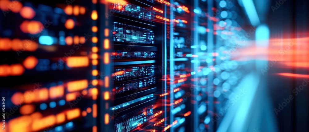 A vibrant and dynamic view of server racks, showcasing technology with glowing lights and data flow representation. A vibrant and dynamic view of server racks, showcasing technology with glowing lights and data flow representation.