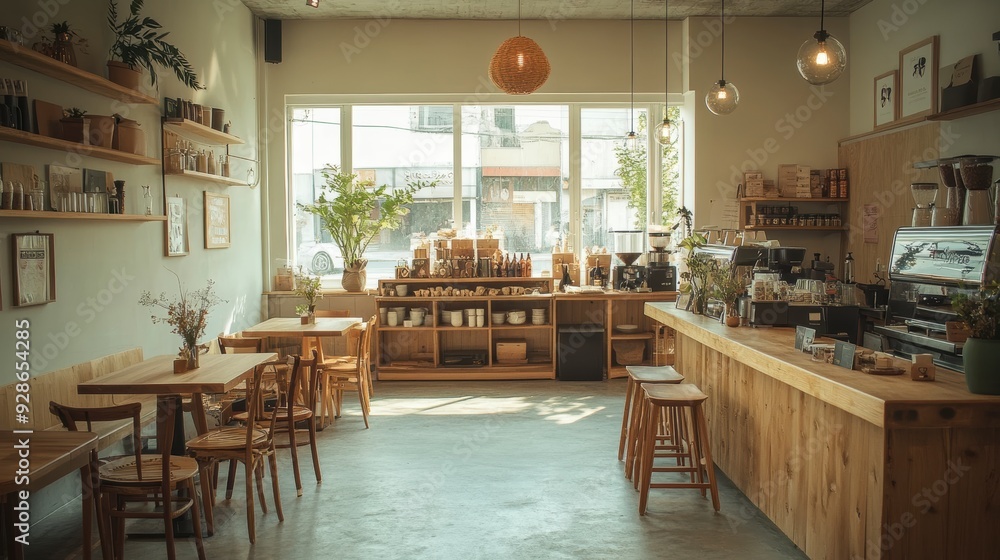 Modern coffee shop interior with nobody, featuring bar and stools Modern coffee shop interior with nobody, featuring bar and stools