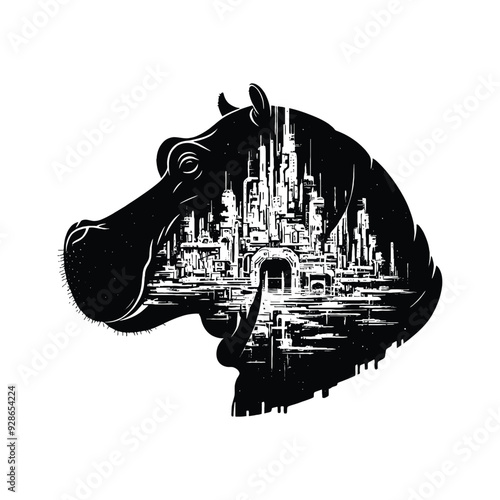 silhouette of Hippo filled with destroyed futuristic dystopia environment in rough drawing,