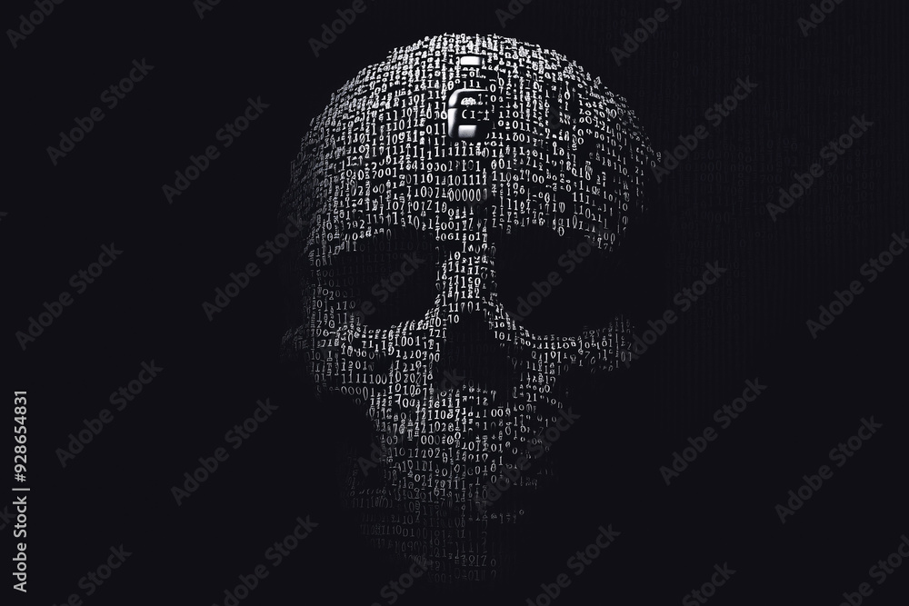 Digital Human Skull Concept with Binary Code Texture Digital Human Skull Concept with Binary Code Texture