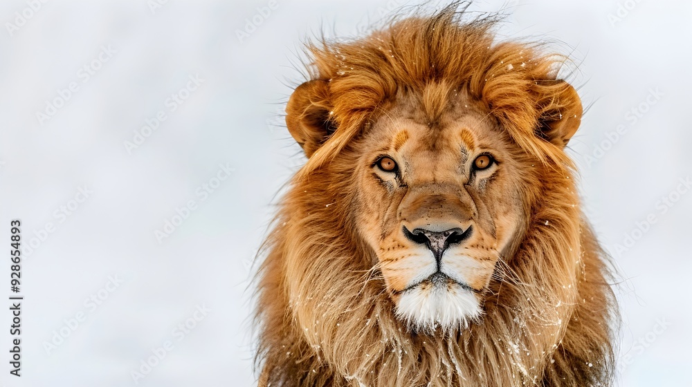 Majestic Lion with Flowing Mane Staring Directly at on White Background Majestic Lion with Flowing Mane Staring Directly at on White Background