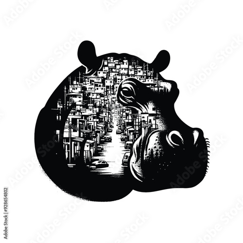 silhouette of Hippo filled with ghetto street in rough drawing,