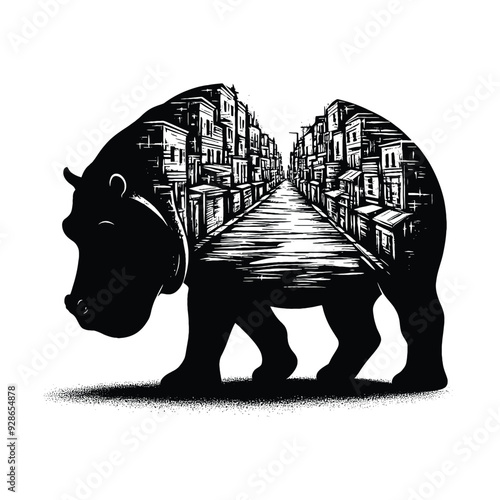 silhouette of Hippo posefilled with ghetto street in rough drawing,
