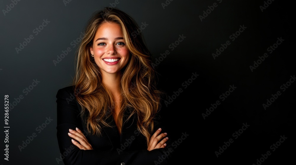 A confident woman smiles warmly, showcasing her professional style against a dark background, radiating positivity and charisma. A confident woman smiles warmly, showcasing her professional style against a dark background, radiating positivity and charisma.