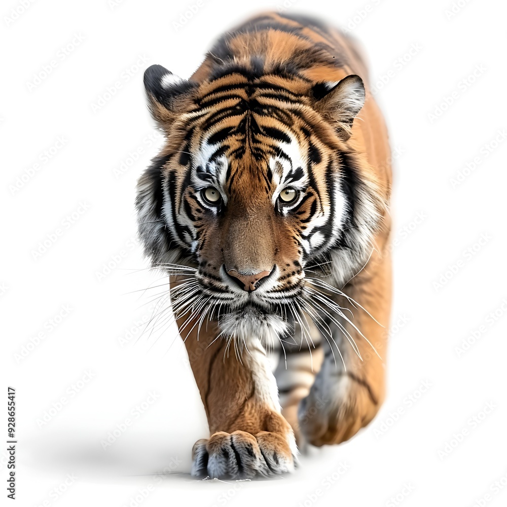 Obraz premium Powerful Tiger Prowling Through Jungle Intense Gaze Focused in Isolated Shot