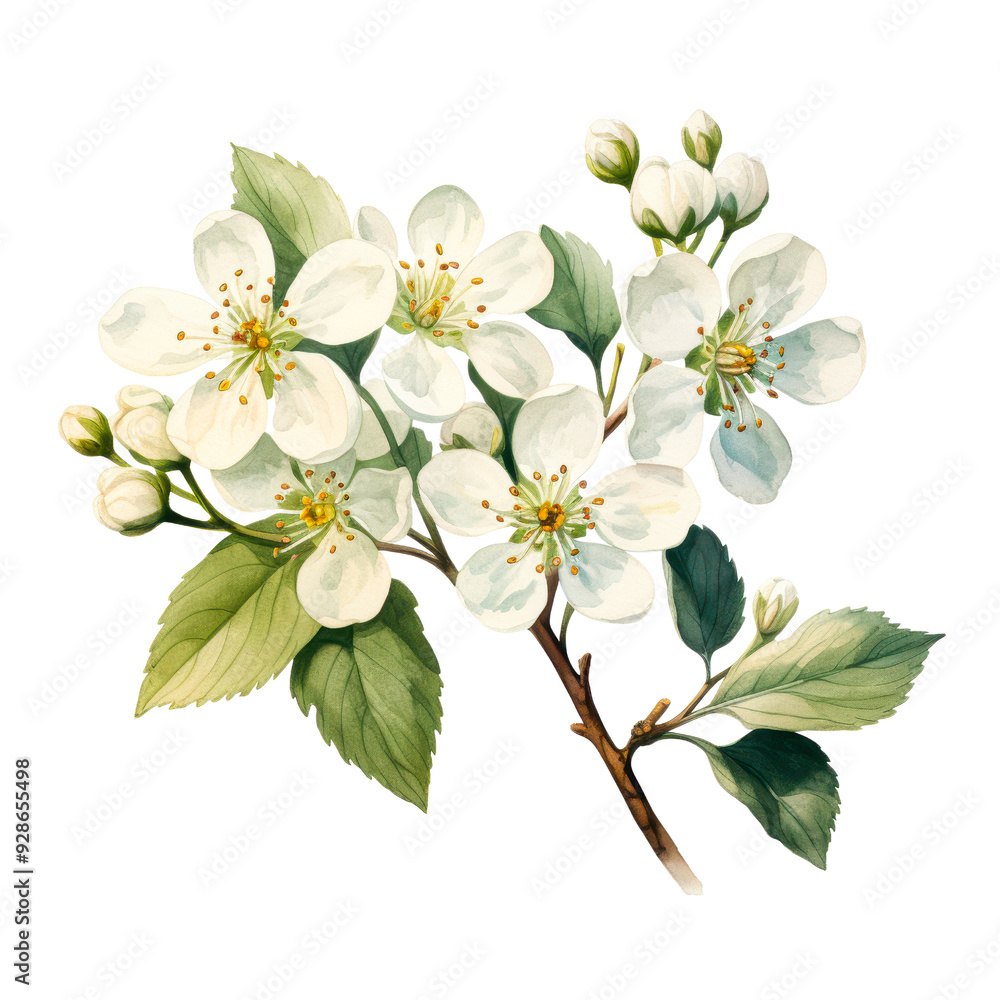 Fototapeta premium A beautifully illustrated branch of white cherry blossoms in full bloom isolated on transparency PNG background, with rich green leaves and unopened buds, Perfect for spring-themed designs