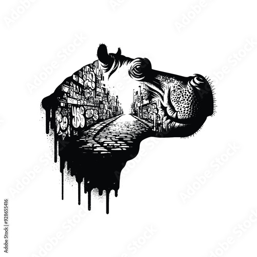 silhouette of Hippo filled with graffiti street wall in rough drawing,