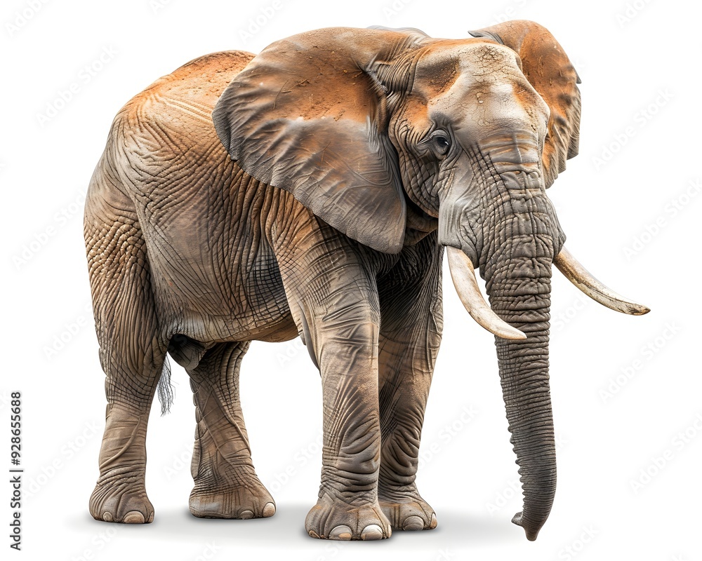 Fototapeta premium Majestic African Elephant with Prominent Trunk Ears and Tusks Against White Background