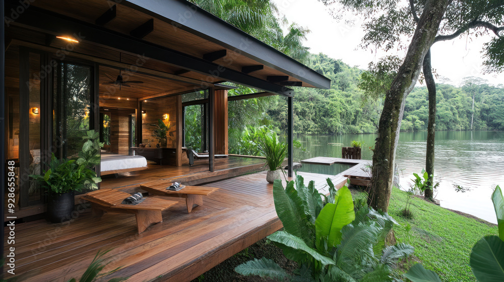 Secluded modern cabin with outdoor bench by lush jungle,nature living Secluded modern cabin with outdoor bench by lush jungle,nature living