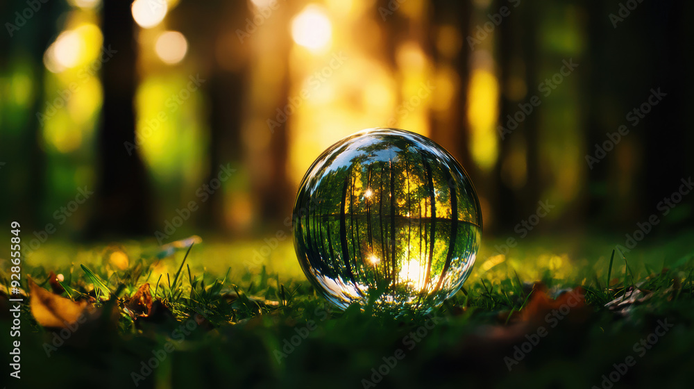 Crystal ball resting on forest floor, reflecting serene woodland and sunlight. Peaceful nature scene perfect for meditation and tranquility.