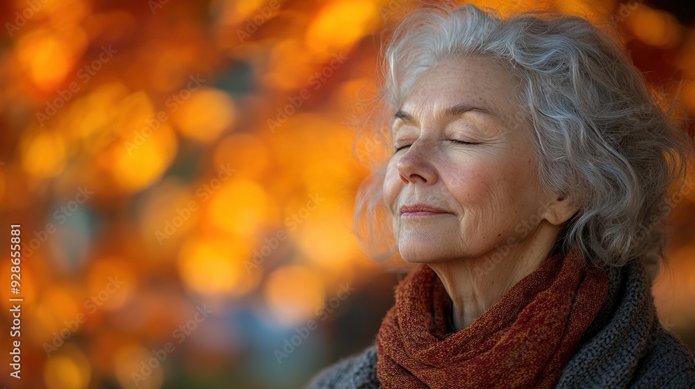 A senior woman stands outdoors with her eyes closed, surrounded by a vibrant autumn landscape. A senior woman stands outdoors with her eyes closed, surrounded by a vibrant autumn landscape.