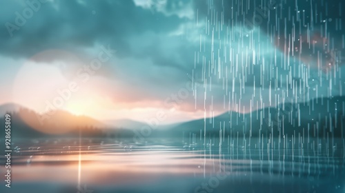An artistic depiction of rainy weather, featuring dark clouds and heavy rain pouring down on a serene landscape. The illustration captures the mood of a rainy day with its soft, muted colors.