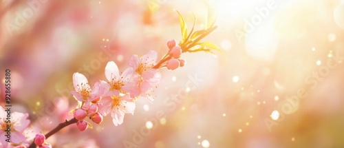 Soft pink blossoms illuminated by sunlight, creating a dreamy, serene atmosphere perfect for spring-themed designs.