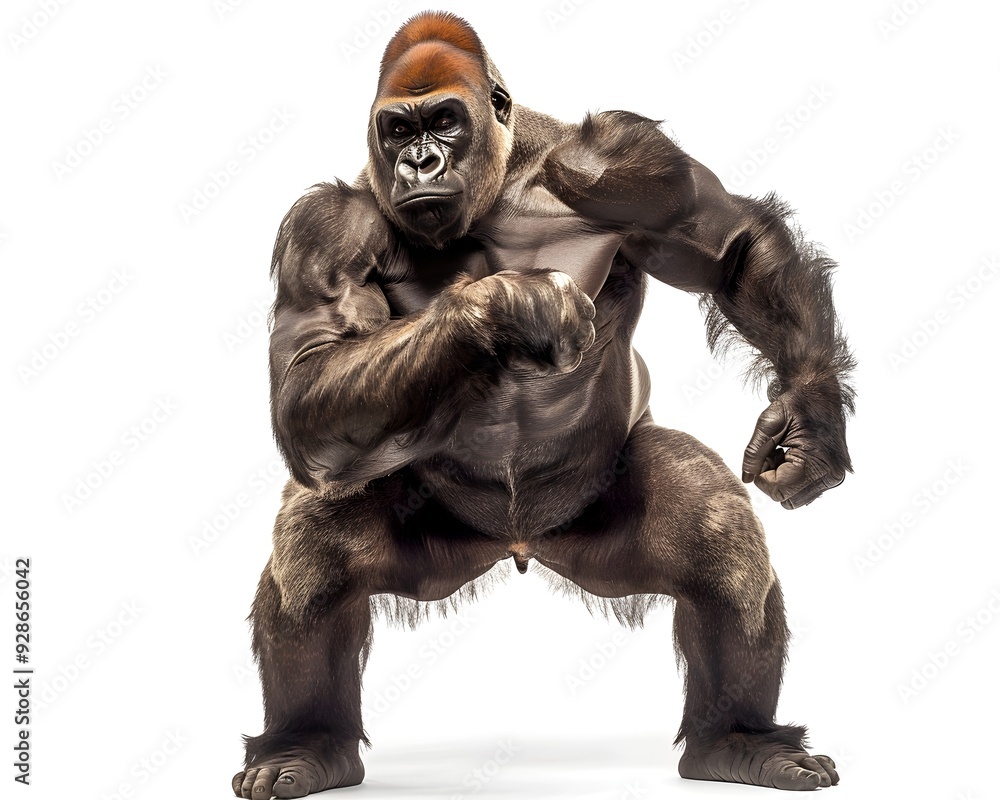 Powerful Gorilla Beating Chest in Fierce Aggressive Pose on White Background Powerful Gorilla Beating Chest in Fierce Aggressive Pose on White Background