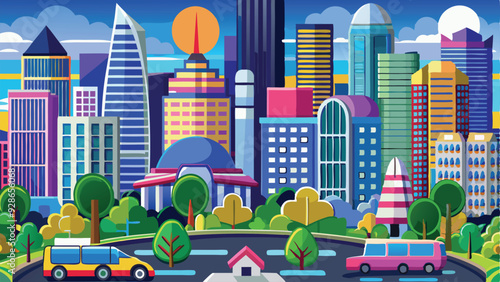 A vector illustration of a bustling cityscape with modern skyscrapers, parks, and vehicles. The design should have a flat, clean style with a variety of colors representing different times of the day,