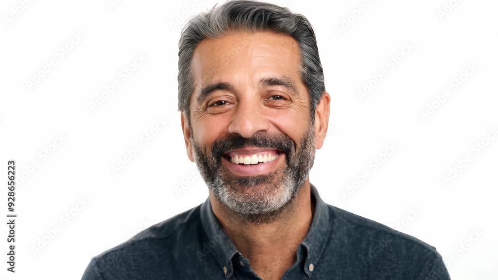 Middle-aged Hispanic man with beard smiling confidently on white background Middle-aged Hispanic man with beard smiling confidently on white background