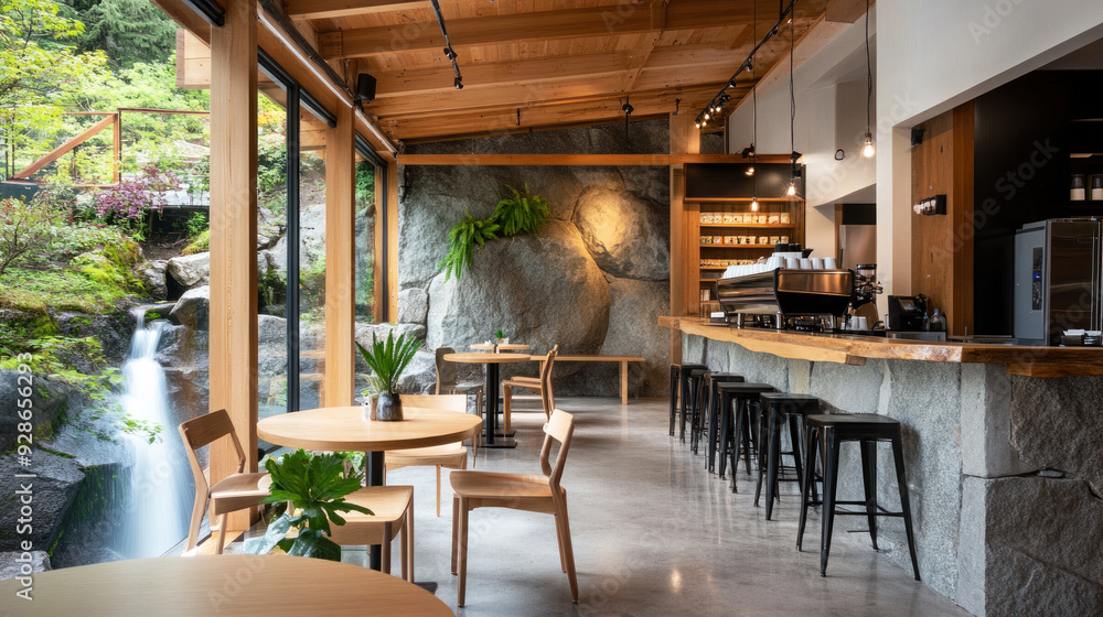 A cozy coffee shop by river waterfall, wooden beams and stone accents A cozy coffee shop by river waterfall, wooden beams and stone accents