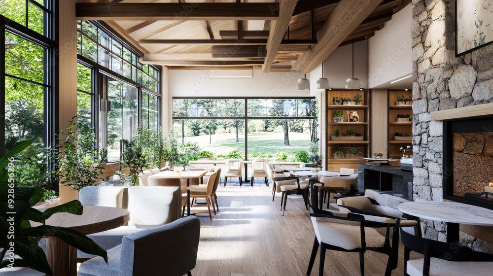 A cozy coffee shop by meadow, wooden beams and stone accents A cozy coffee shop by meadow, wooden beams and stone accents