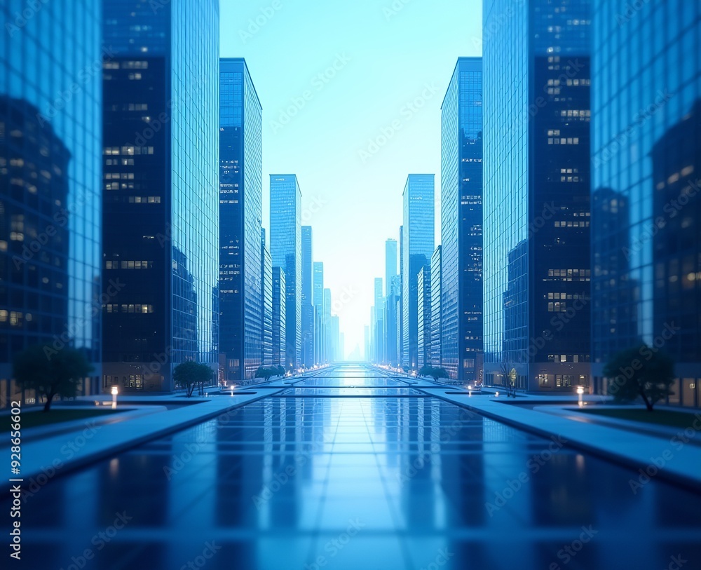 Fototapeta premium Smart City Financial District: Modern Building Graphics and Reflections