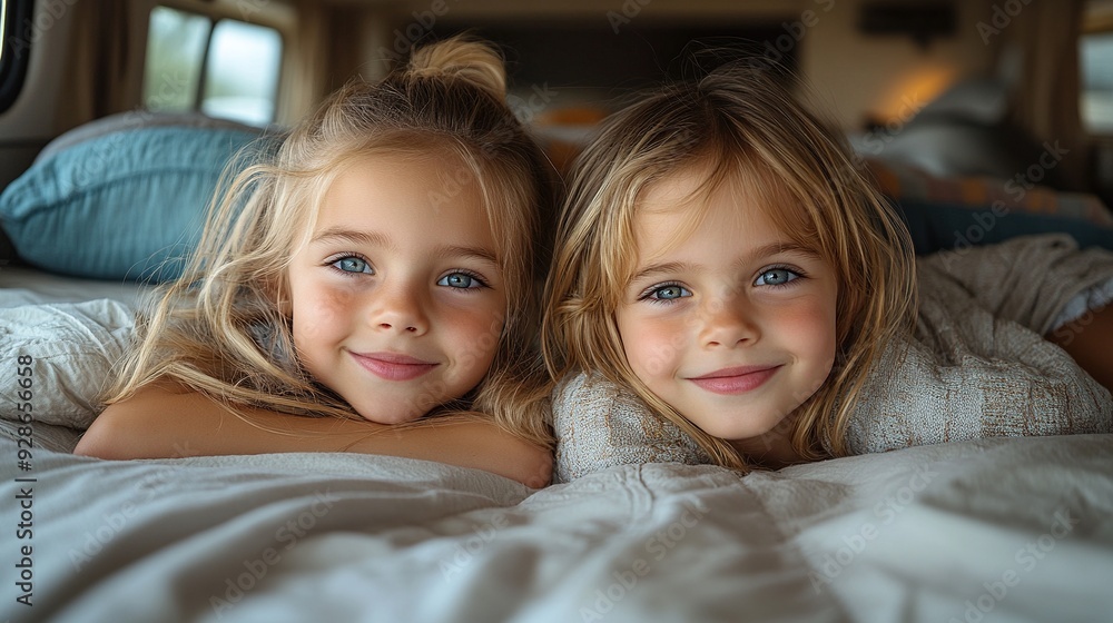 small girls indoors lying on bed during family holiday trip in caravan small girls indoors lying on bed during family holiday trip in caravan