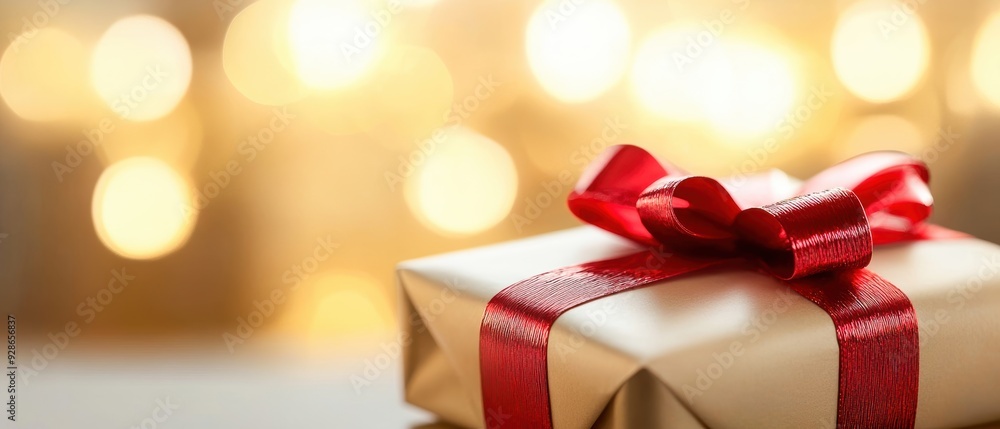 Beautifully wrapped gift box with red ribbon against a dreamy bokeh background, perfect for holidays or celebrations. Beautifully wrapped gift box with red ribbon against a dreamy bokeh background, perfect for holidays or celebrations.