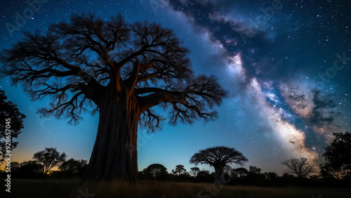 Astrophotography  of a giant African Baobab tree silhouetted against the night sky and milky way.