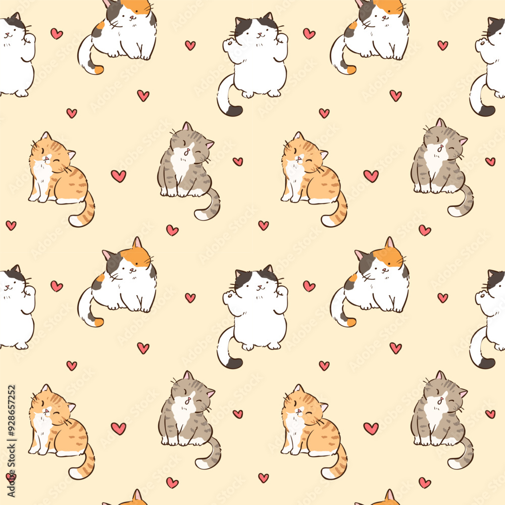 Obraz premium Seamless Pattern of Cute Cartoon Cat and Heart Design on Light Yellow Background
