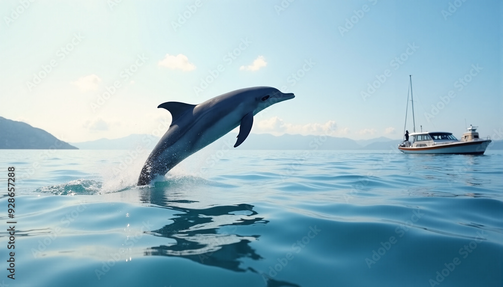 Fototapeta premium A dolphin leaps out of the water, creating a splash