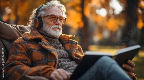 A stylish senior man sits in the city park, listening to music through headphones, embodying the concept of an old man who is young at heart. photo