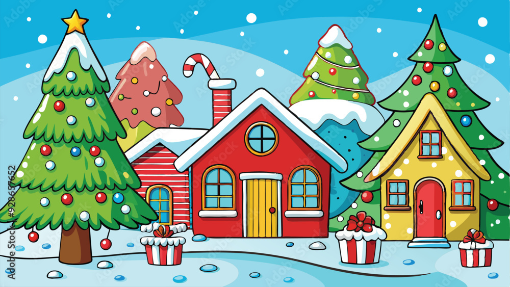 A vector illustration of a seasonal holiday scene, such as a winter wonderland with snow-covered trees, festive decorations, and cozy houses. The design should have a whimsical and cheerful feel, usin A vector illustration of a seasonal holiday scene, such as a winter wonderland with snow-covered trees, festive decorations, and cozy houses. The design should have a whimsical and cheerful feel, usin