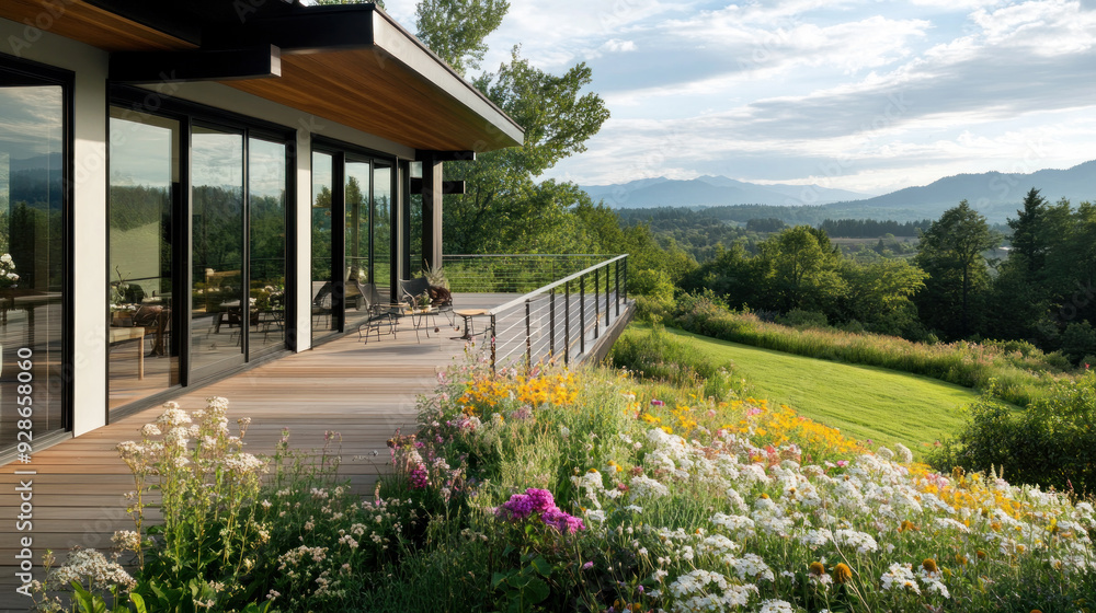 Modern cozy house with deck and stainless steel rails by meadow wildflower Modern cozy house with deck and stainless steel rails by meadow wildflower