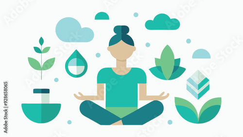 A set of vector illustrations featuring healthy lifestyle concepts, including yoga, meditation, balanced diet, and exercise. The designs should be clean and modern, with a soft color palette of greens