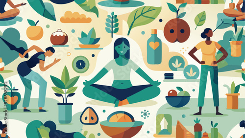A set of vector illustrations featuring healthy lifestyle concepts, including yoga, meditation, balanced diet, and exercise. The designs should be clean and modern, with a soft color palette of greens