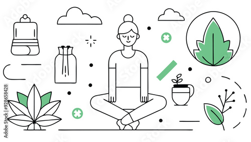 A set of vector illustrations featuring healthy lifestyle concepts, including yoga, meditation, balanced diet, and exercise. The designs should be clean and modern, with a soft color palette of greens