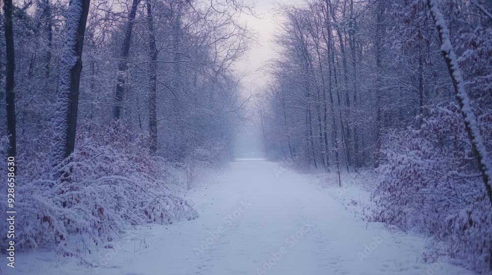 Obraz premium A serene winter landscape with a snow-covered path surrounded by trees.
