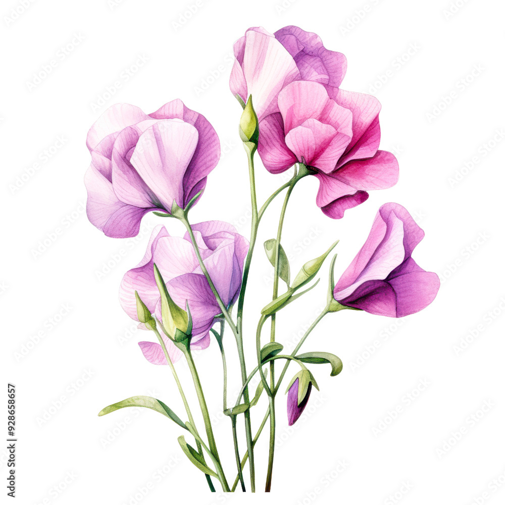 Obraz premium A watercolor illustration of delicate pink and purple sweet pea flowers is ideal for botanical prints isolated on transparency PNG background, greeting cards, and wall art