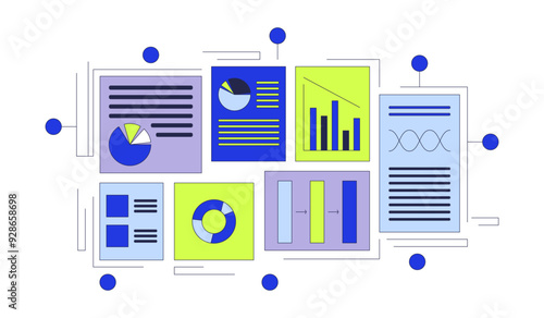 Company accounting documents 2D cartoon object. Marketing statistics isolated flat vector element white background. Job performance. Financial profit graphs pie charts color spot illustration