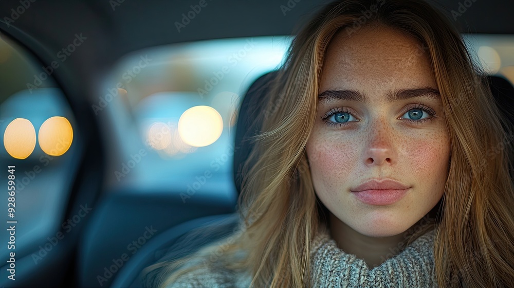 An upset woman is driving her car through a city. An upset woman is driving her car through a city.