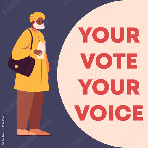 An election illustration showing an elderly Indian man participating in the democratic process. The work highlights the importance of voting, focusing on diversity and patriotism.