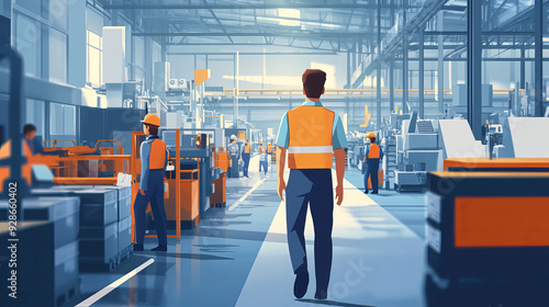 Wallpaper Mural Manager Overseeing Operations: A manager walking through a factory or warehouse, overseeing operations and talking to employees. The background includes busy workers, machinery, and inventory, emphasi Torontodigital.ca