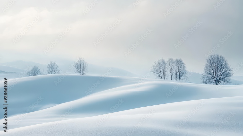 A serene winter landscape with gentle snow-covered hills and bare trees in a misty atmosphere. A serene winter landscape with gentle snow-covered hills and bare trees in a misty atmosphere.